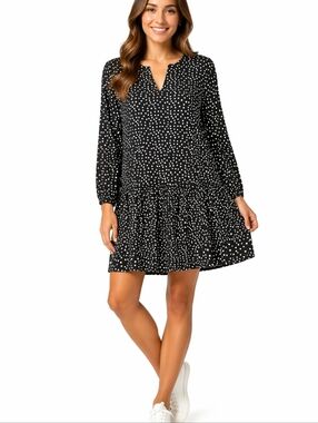 Banana Republic Black and White Polka-dot Long Sleeve Drop Waist Shift D…